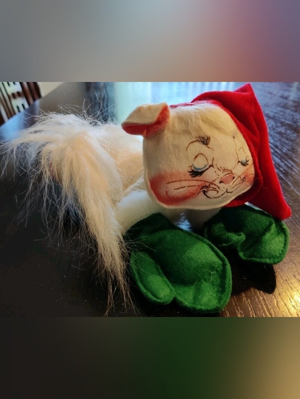 Vintage 1989 Annalee Smiling Cat With Red Hat & Green Mittens - Christmas